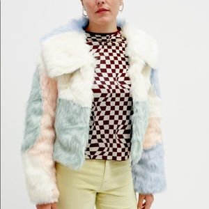 House of Sunny Scandi Patchwork Faux Fur Coat US 2